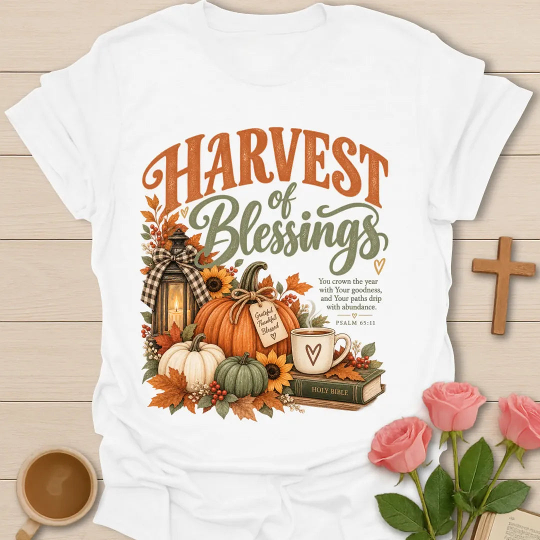 Harvest Of Blessing T-Shirt with autumn harvest and faith-inspired lettering. - White