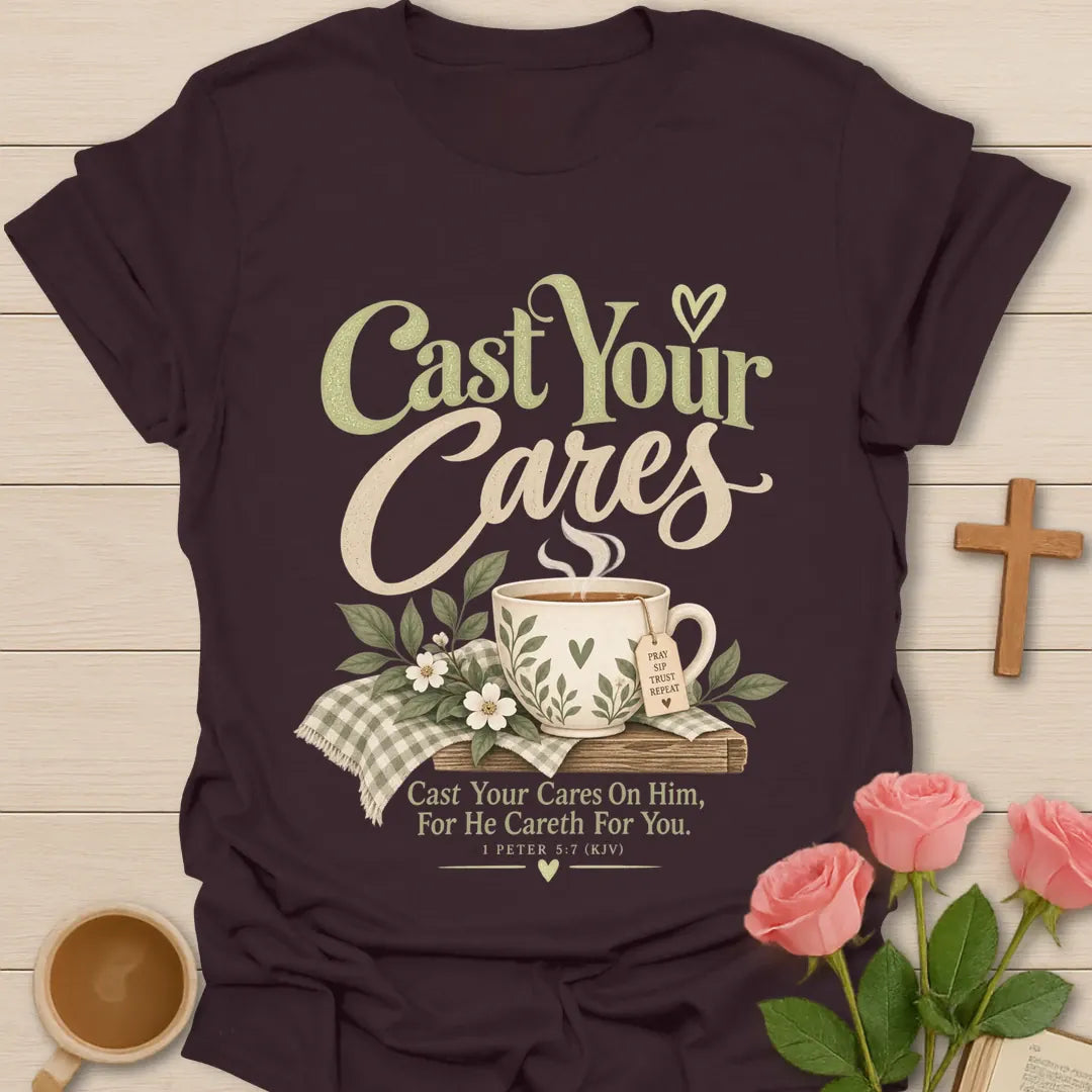 He Careth For You T-Shirt with 1 Peter 5:7 scripture lettering. - Dark Chocolate