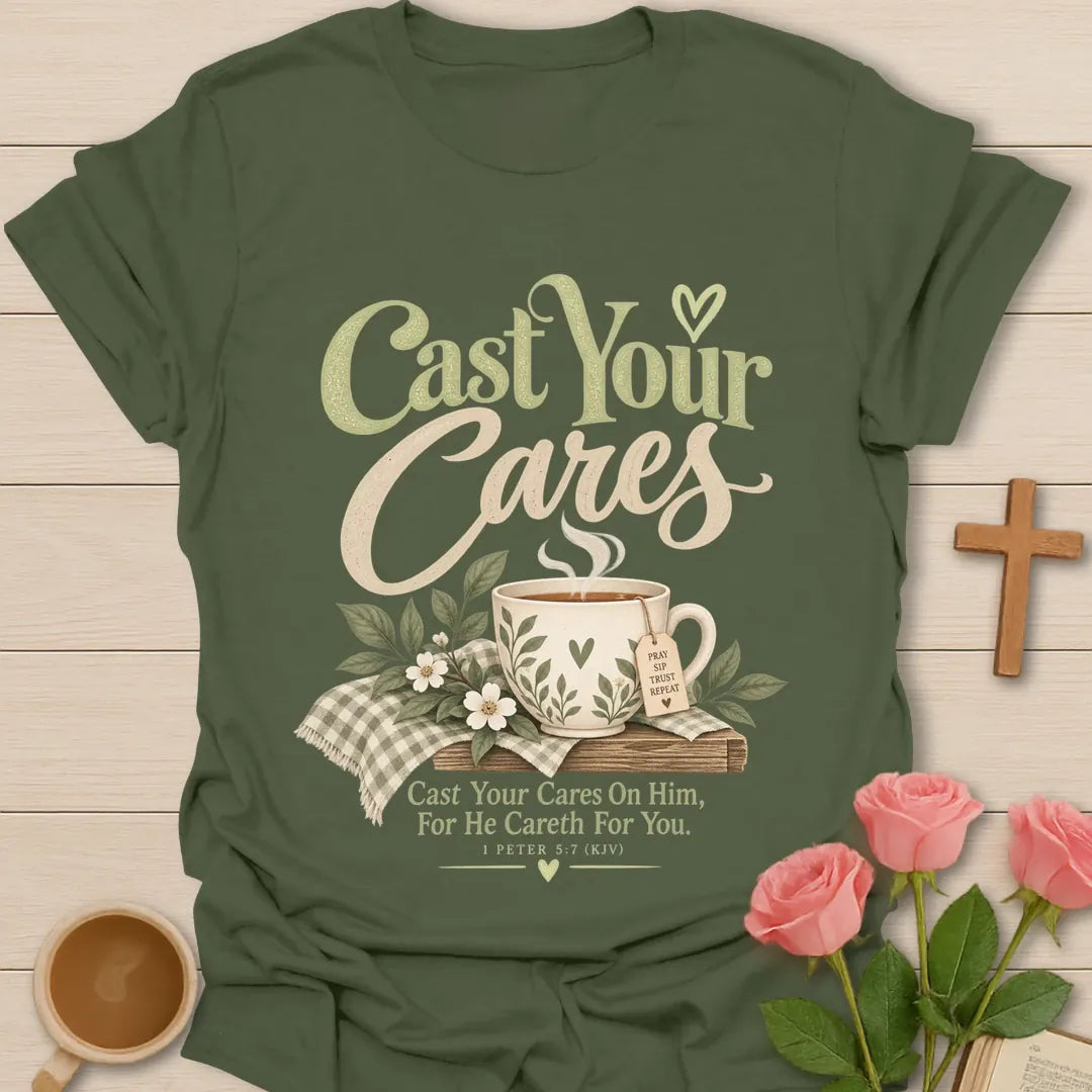 He Careth For You T-Shirt with 1 Peter 5:7 scripture lettering. - Military Green