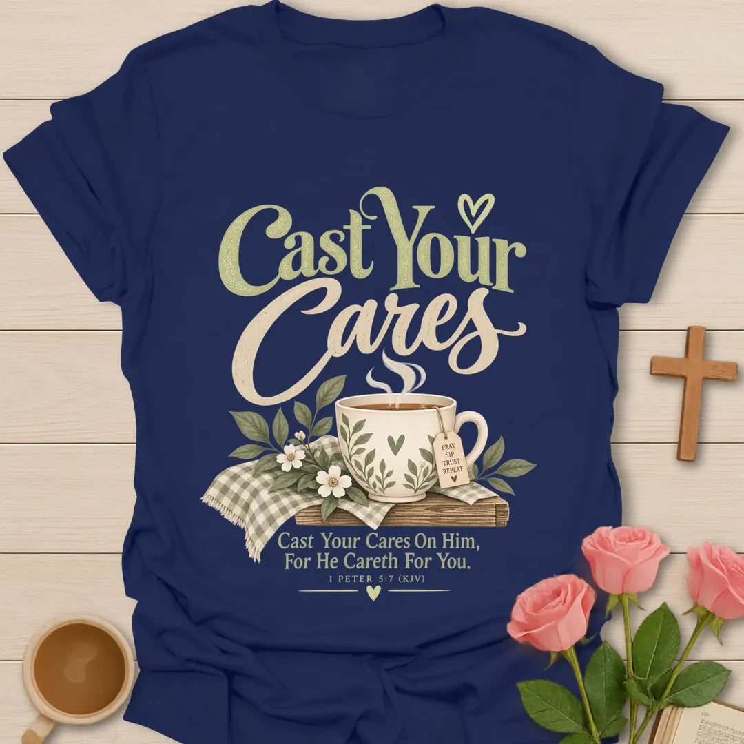 He Careth For You T-Shirt with 1 Peter 5:7 scripture lettering. - Navy