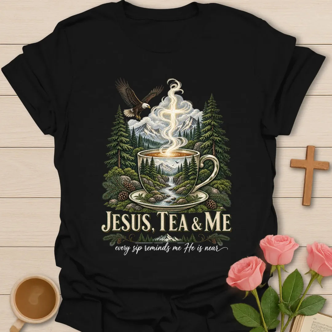 He Is Near shirt with gentle faith-inspired lettering. - Black