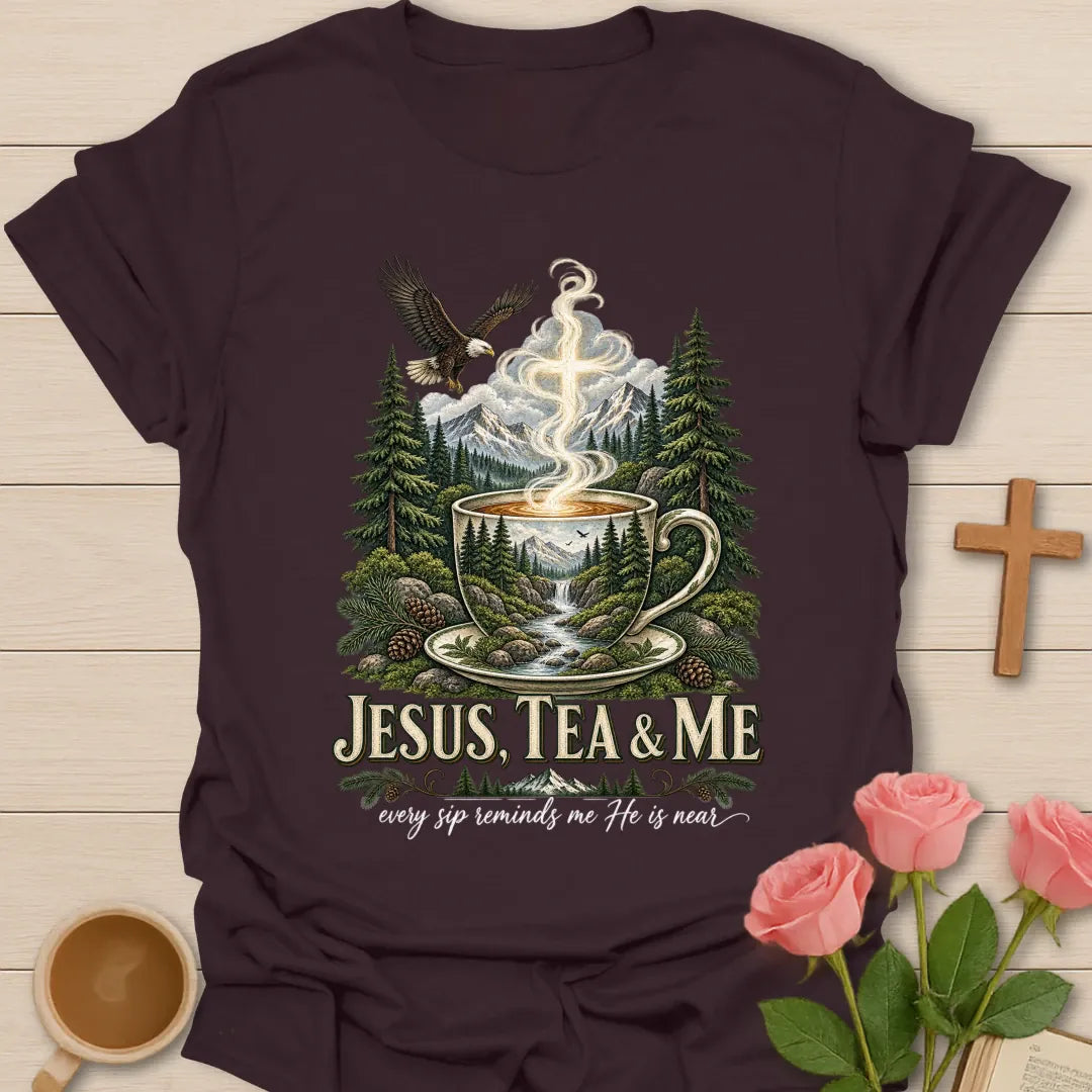 He Is Near shirt with gentle faith-inspired lettering. - Dark Chocolate