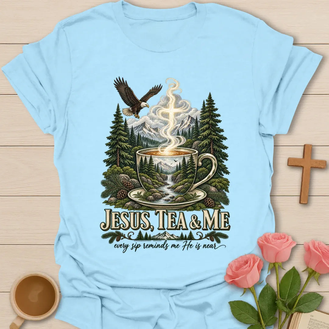 He Is Near shirt with gentle faith-inspired lettering. - Light Blue
