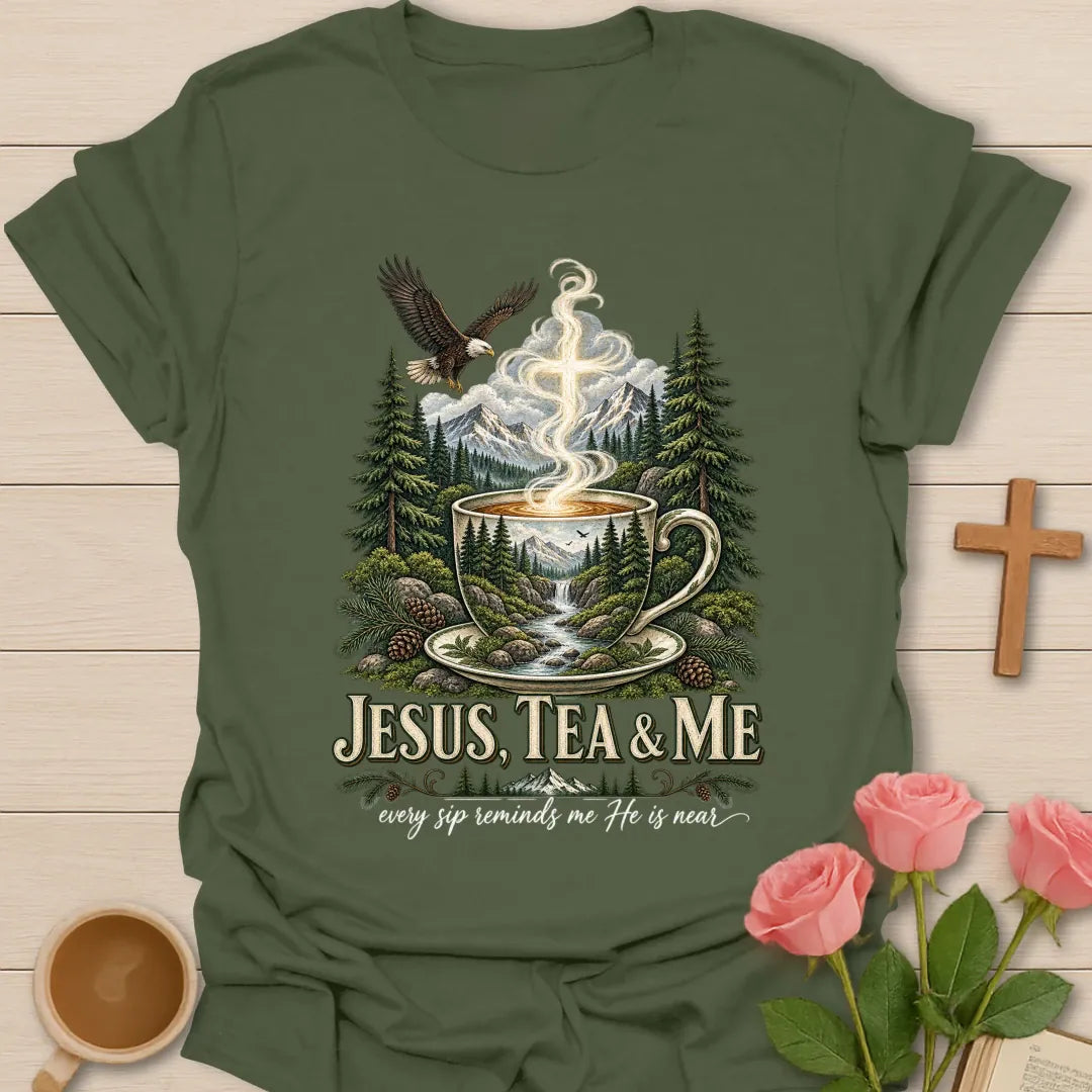 He Is Near shirt with gentle faith-inspired lettering. - Military Green