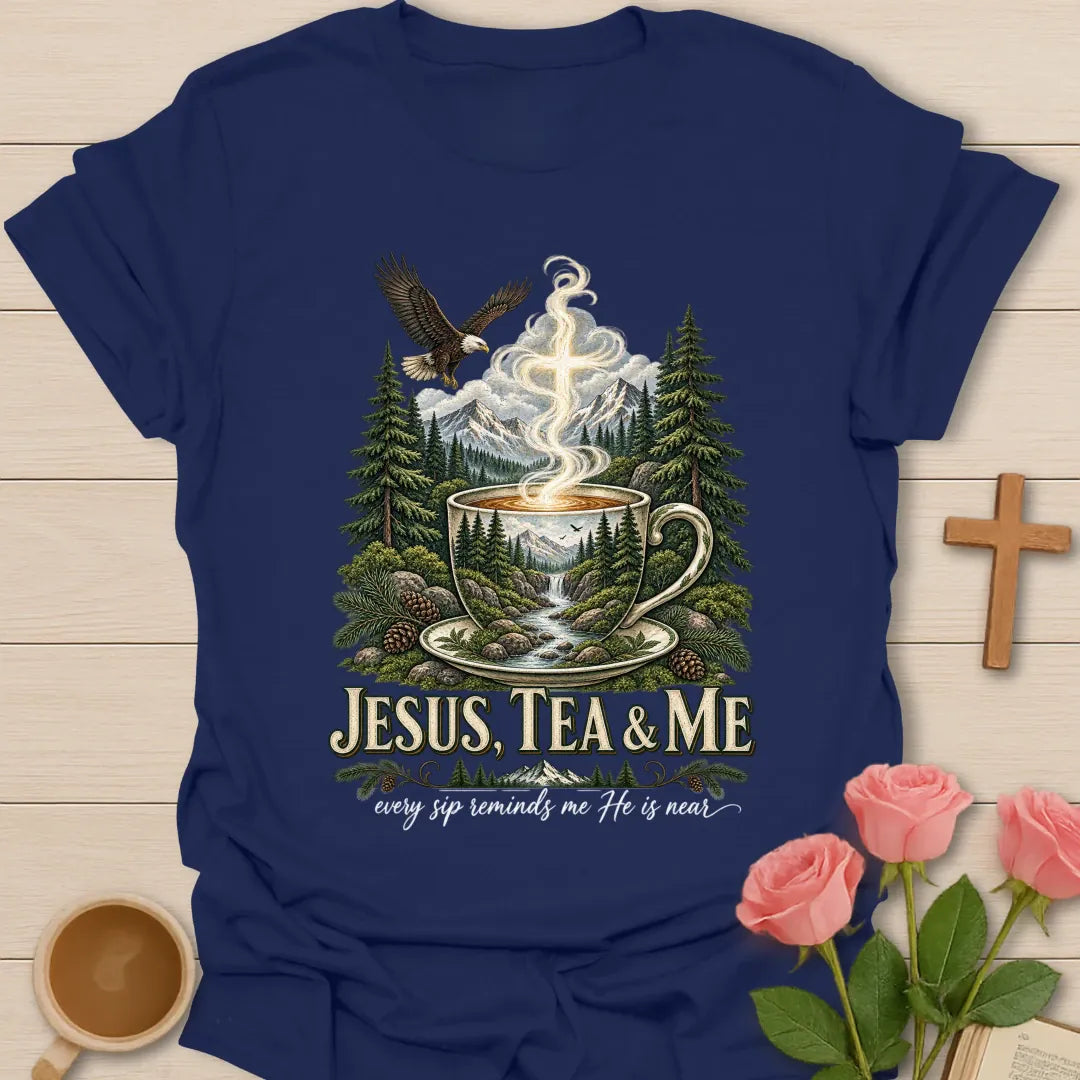 He Is Near shirt with gentle faith-inspired lettering. - Navy