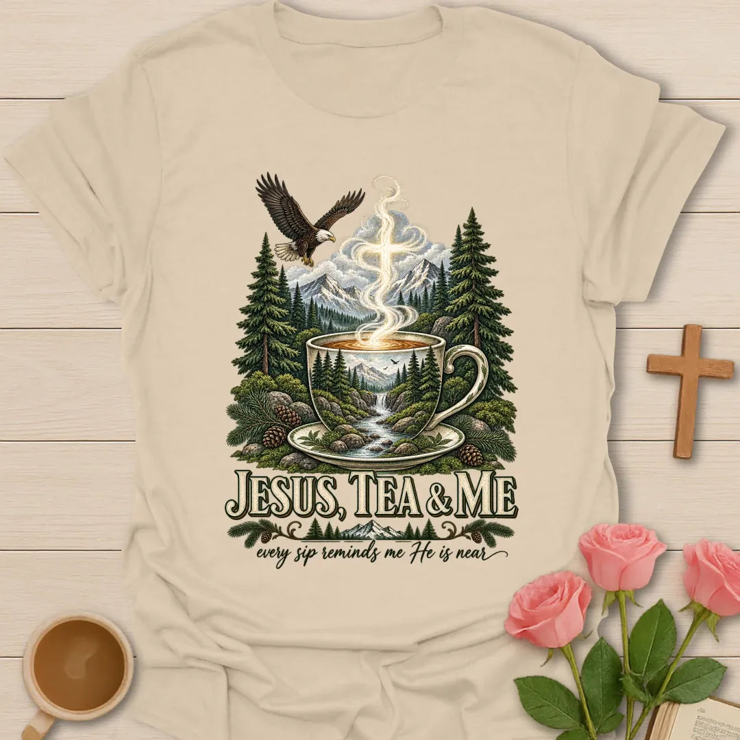 He Is Near shirt with gentle faith-inspired lettering. - Sand
