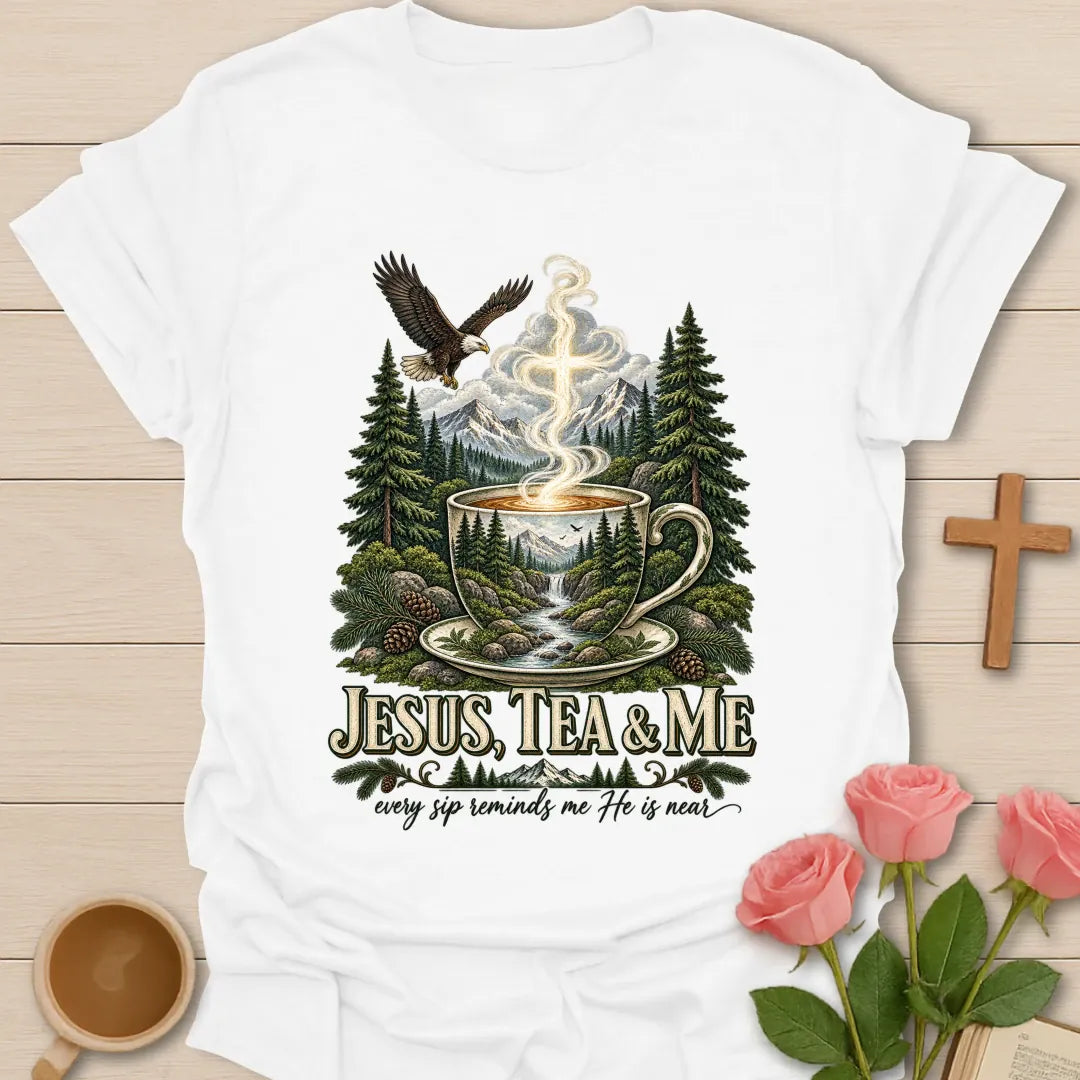 He Is Near shirt with gentle faith-inspired lettering. - White