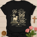 He Left The 99 shirt with lamb, cross, hillside, heart, and Luke 15:4-6 text. - Black