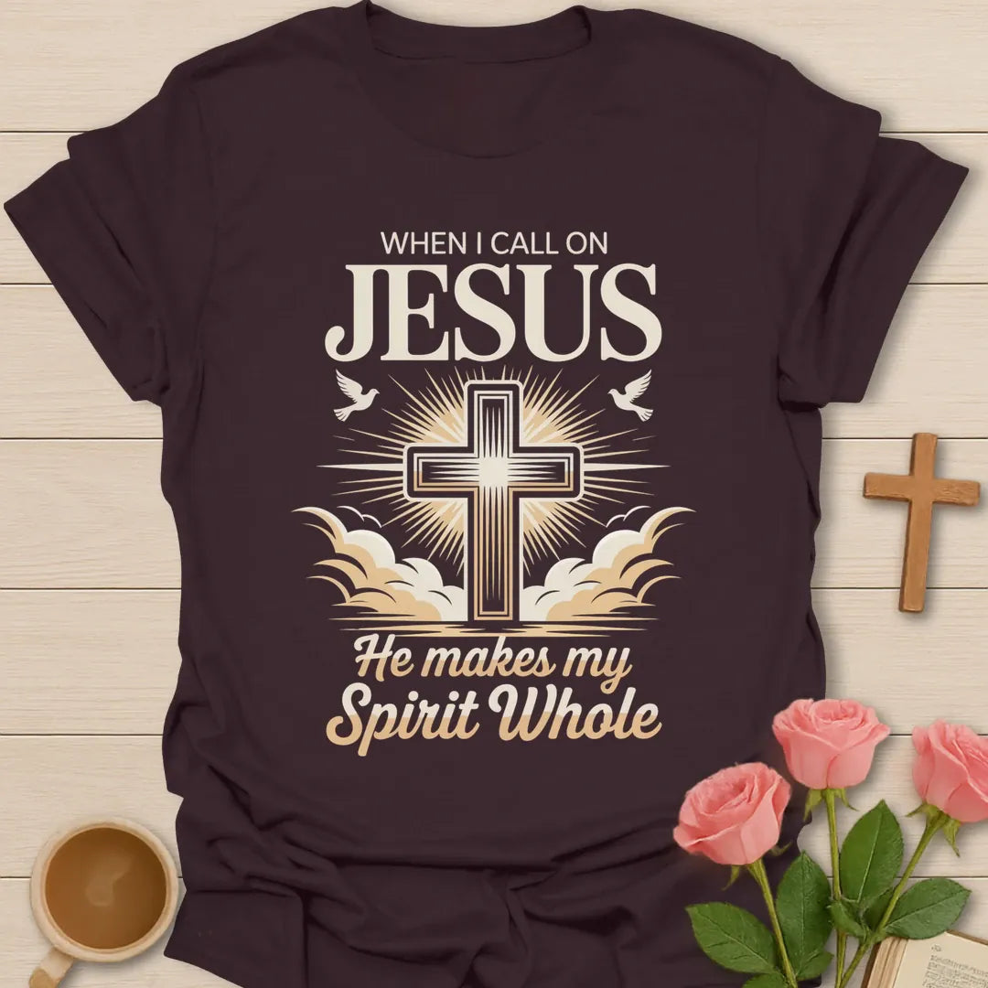 He Makes My Spirit Whole shirt with cross and cream vintage lettering. - Dark Chocolate