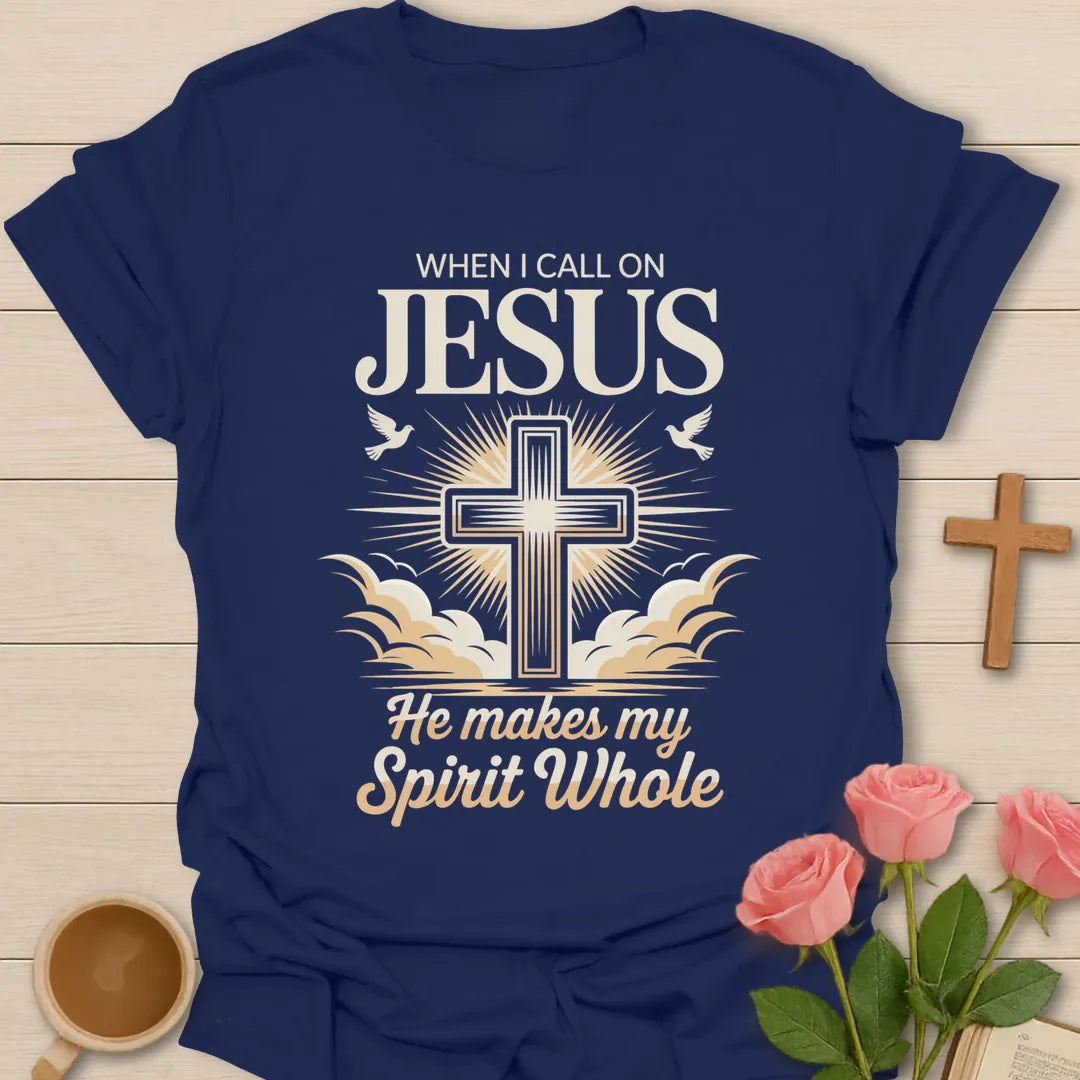 He Makes My Spirit Whole shirt with cross and cream vintage lettering. - Navy