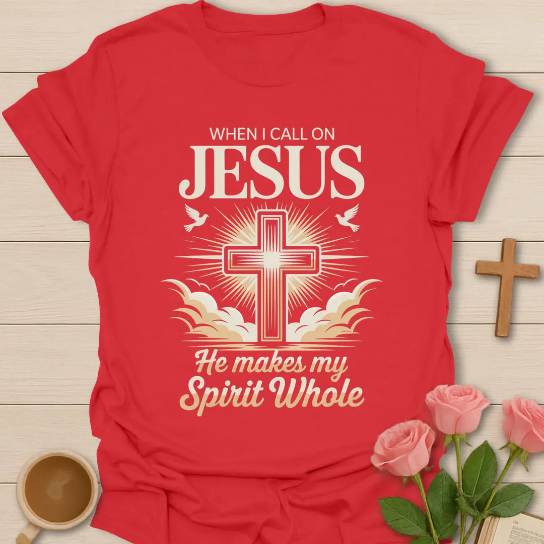 He Makes My Spirit Whole shirt with cross and cream vintage lettering. - Red