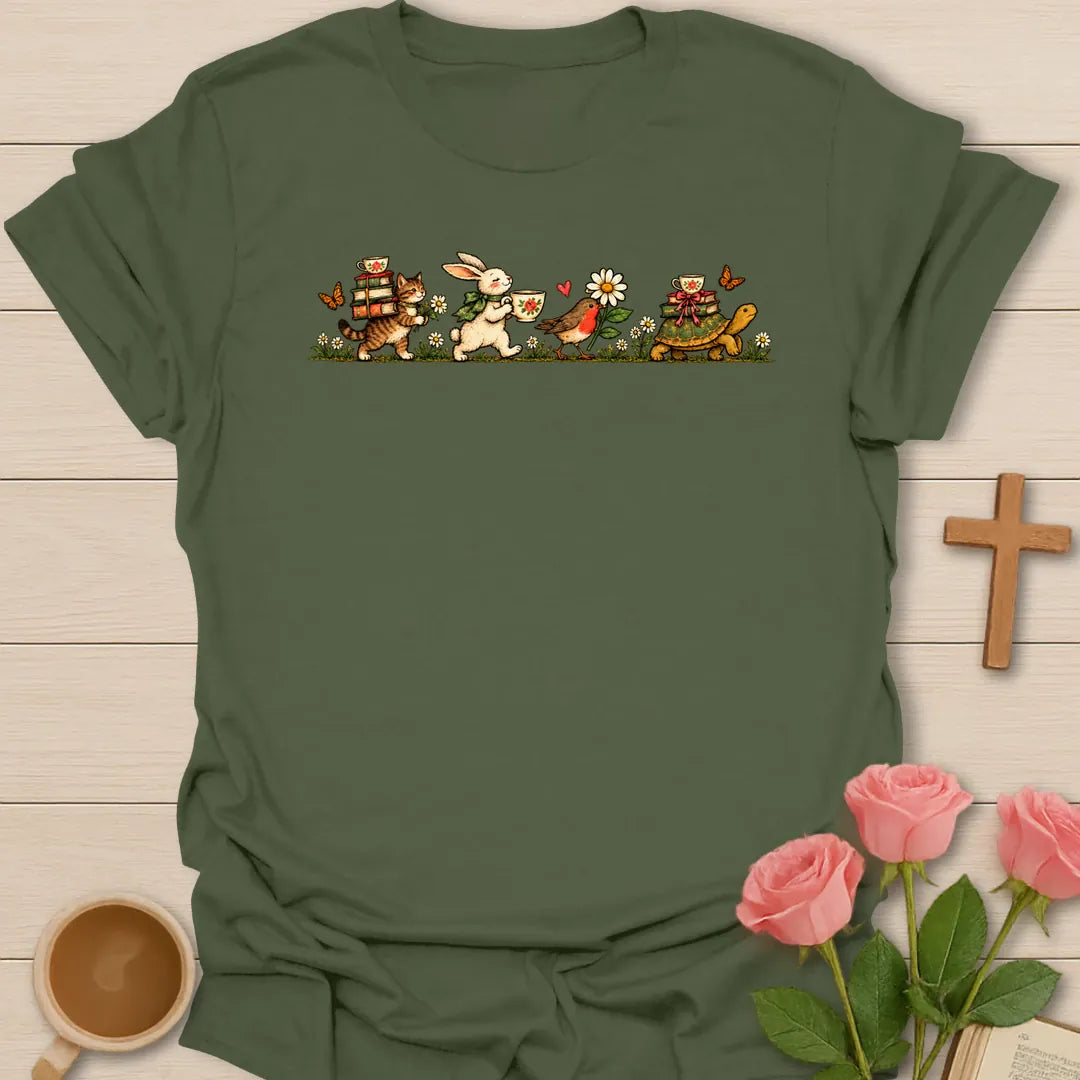 Heading To The Tea Party t-shirt with a vintage parade of a cat carrying books, a bunny with a teacup, a robin and a tortoise with a teacup - Military Green
