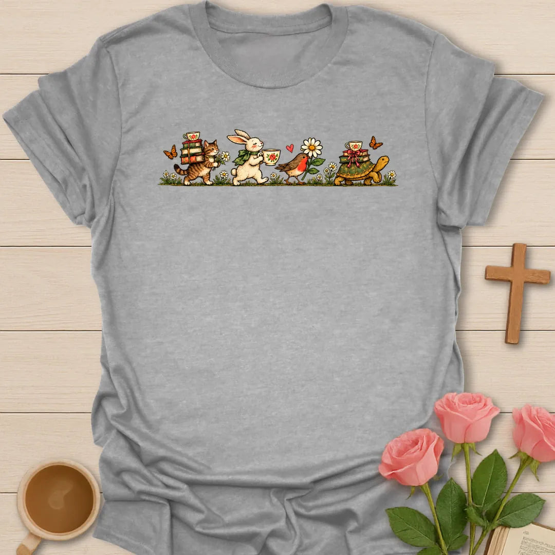 Heading To The Tea Party t-shirt with a vintage parade of a cat carrying books, a bunny with a teacup, a robin and a tortoise with a teacup - Sport Grey