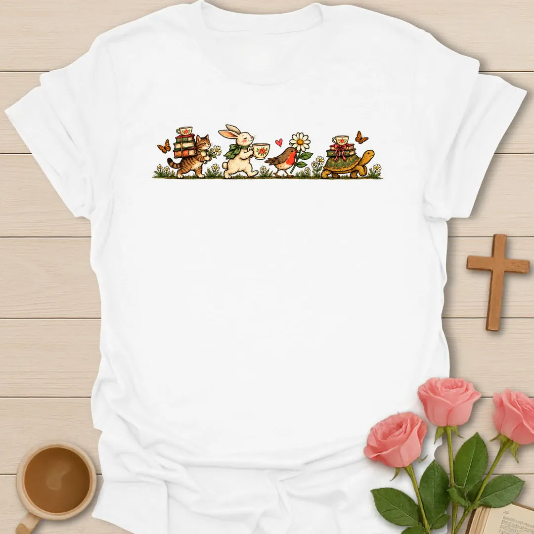 Heading To The Tea Party t-shirt with a vintage parade of a cat carrying books, a bunny with a teacup, a robin and a tortoise with a teacup - White