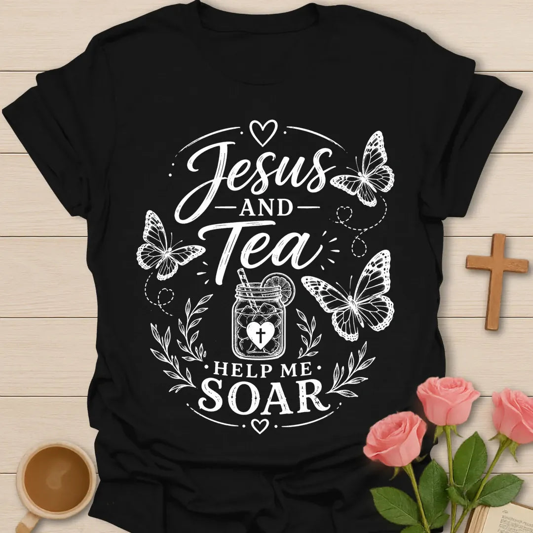Jesus and Tea Help Me Soar shirt with butterflies, iced tea jar, cross heart, leafy accents, and white vintage lettering. - Black