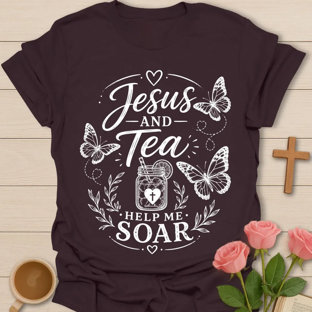 Jesus and Tea Help Me Soar shirt with butterflies, iced tea jar, cross heart, leafy accents, and white vintage lettering. - Dark Chocolate