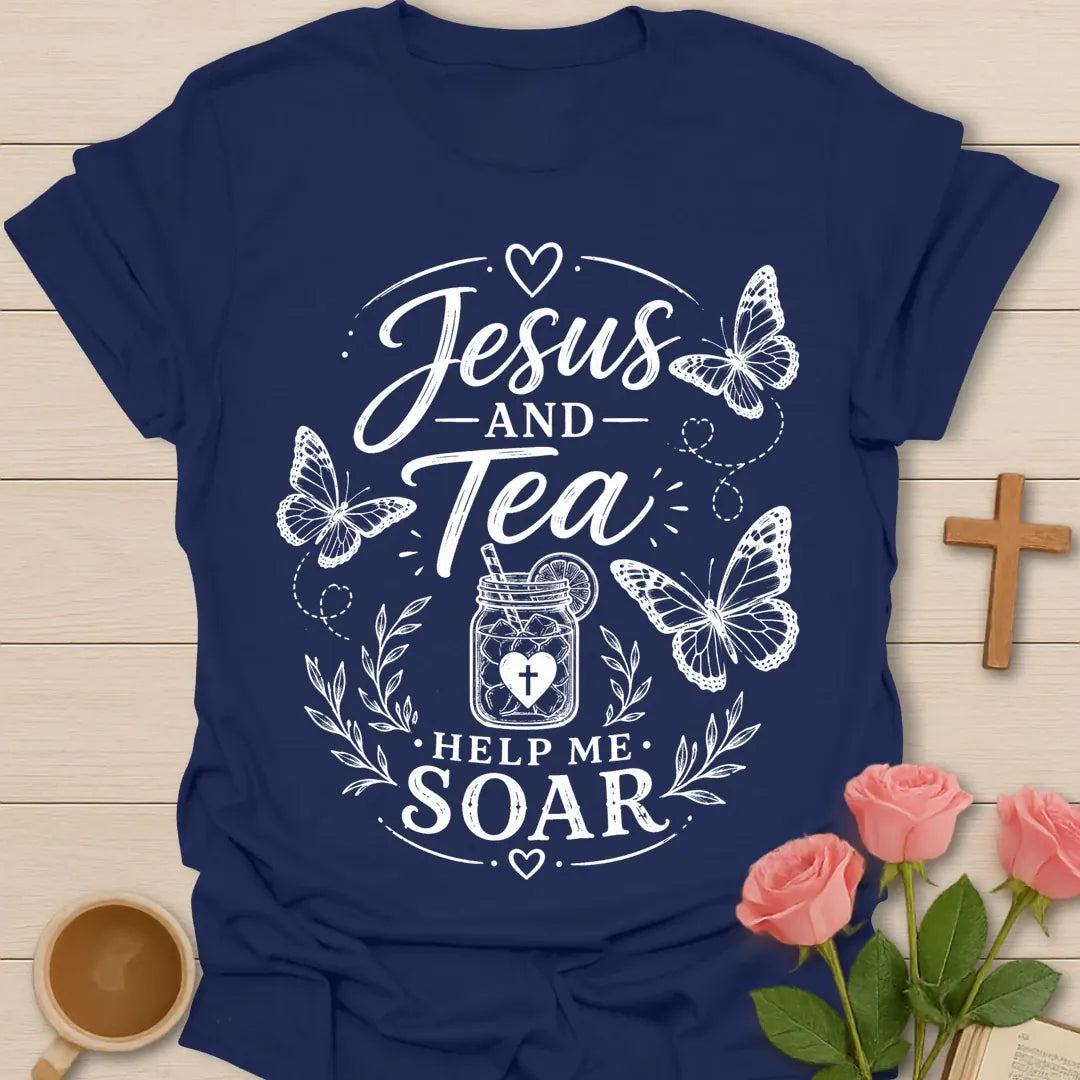 Jesus and Tea Help Me Soar shirt with butterflies, iced tea jar, cross heart, leafy accents, and white vintage lettering. - Navy