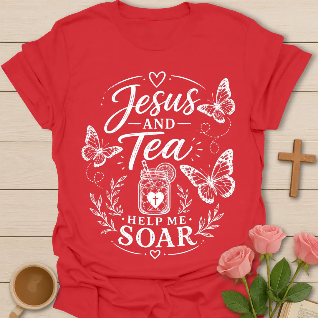 Jesus and Tea Help Me Soar shirt with butterflies, iced tea jar, cross heart, leafy accents, and white vintage lettering. - Red