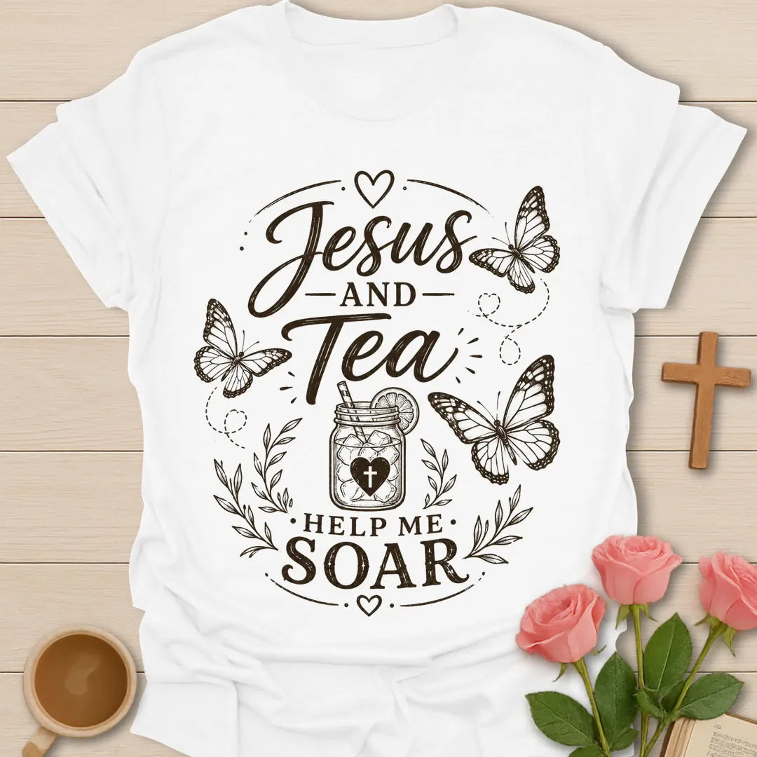 Jesus and Tea Help Me Soar shirt with butterflies, iced tea jar, cross heart, leafy accents, and white vintage lettering. - White