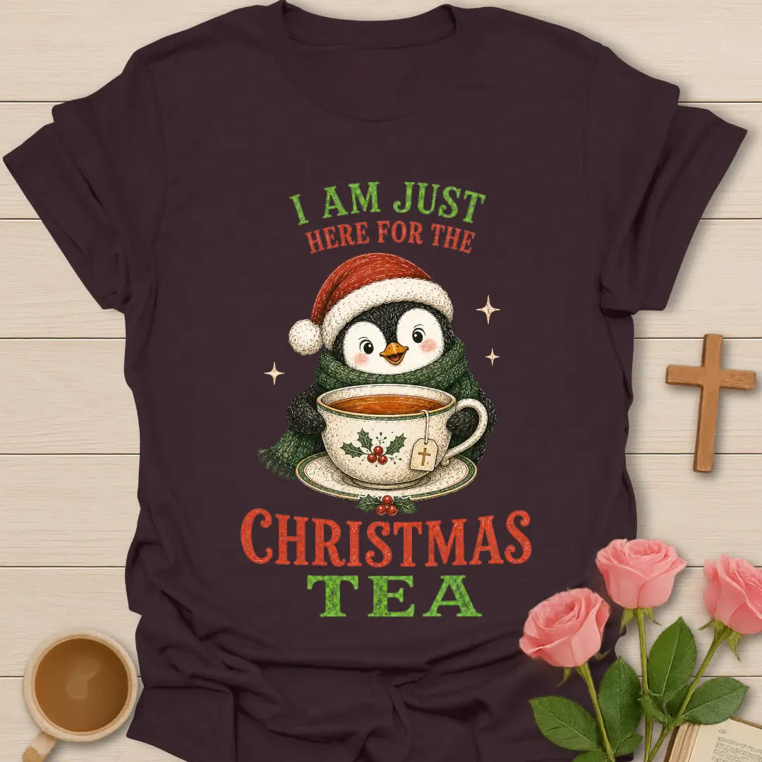 I Am Just Here For The Christmas Tea shirt with festive holiday lettering - Dark Chocolate