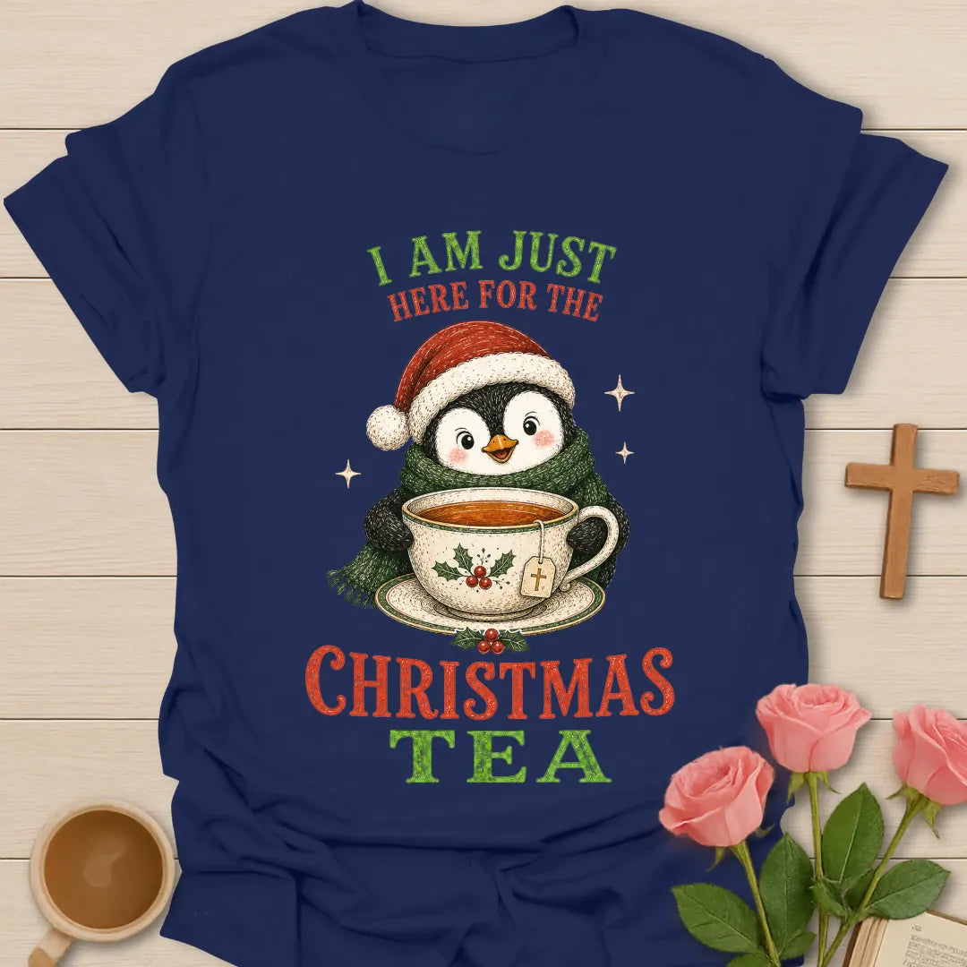 I Am Just Here For The Christmas Tea shirt with festive holiday lettering - Navy