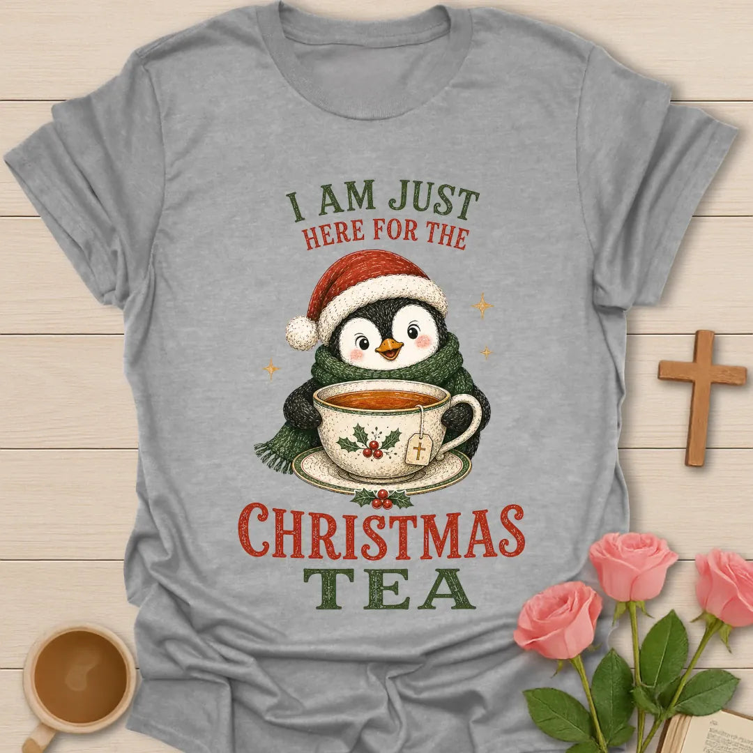 I Am Just Here For The Christmas Tea shirt with festive holiday lettering - Sport Grey
