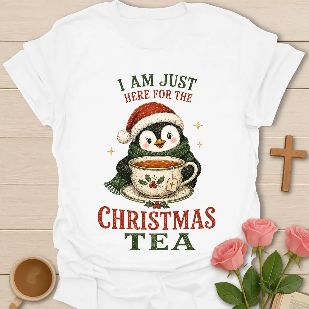 I Am Just Here For The Christmas Tea shirt with festive holiday lettering - White