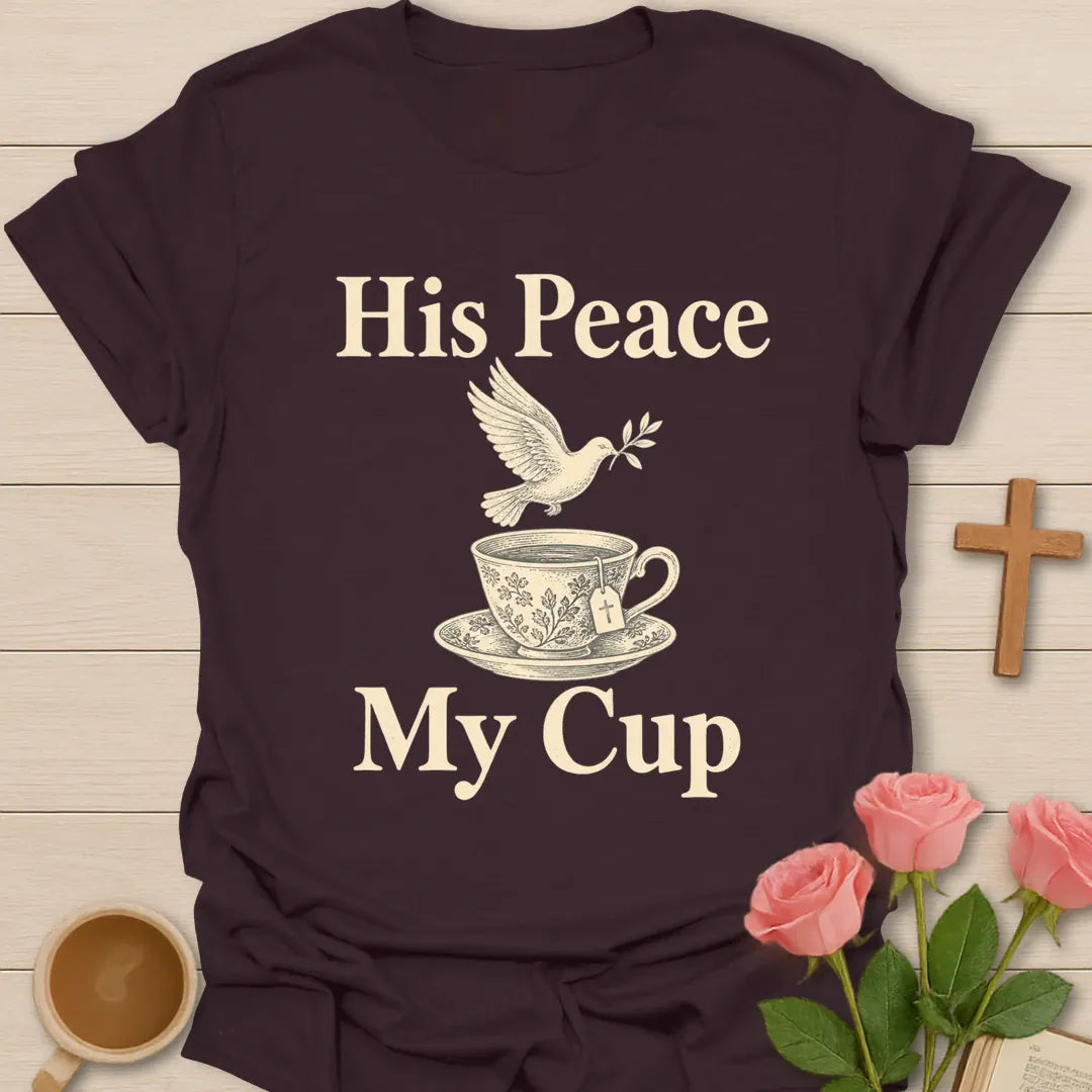 His Peace My Cup Christian t-shirt with a dove above a floral vintage teacup - Dark Chocolate