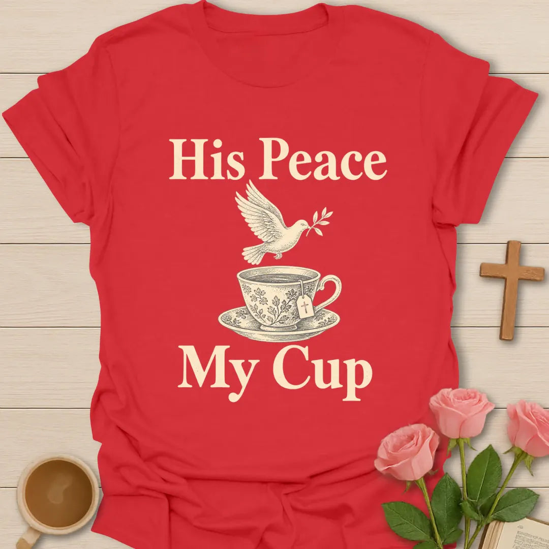 His Peace My Cup Christian t-shirt with a dove above a floral vintage teacup - Red