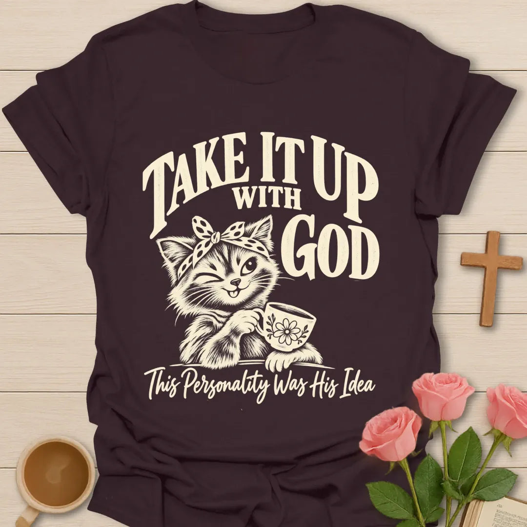 His Personality Idea T-Shirt with playful faith lettering. - Dark Chocolate
