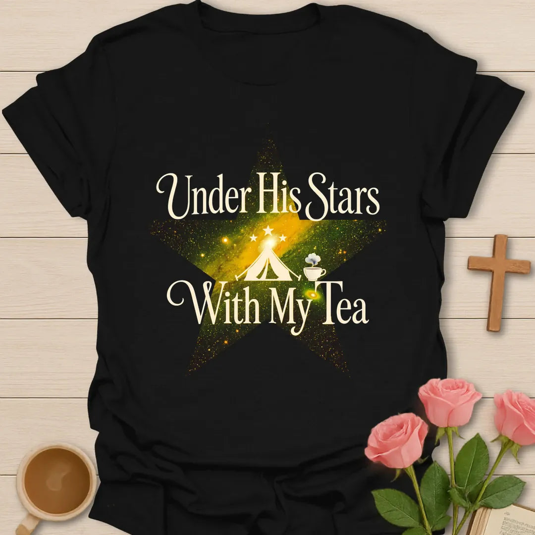 His Stars Camping Christian tea shirt with faith-inspired lettering design - Black