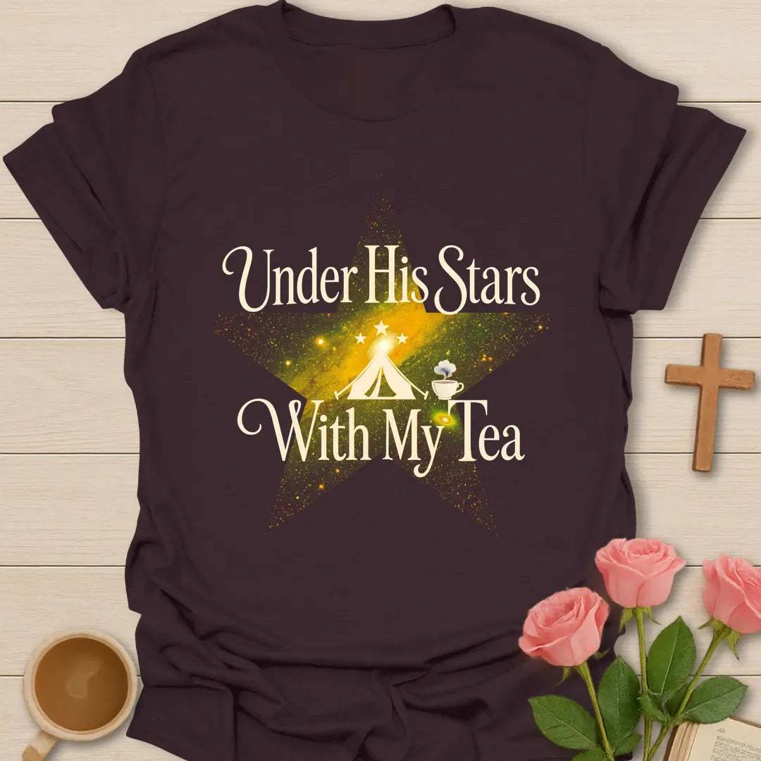 His Stars Camping Christian tea shirt with faith-inspired lettering design - Dark Chocolate