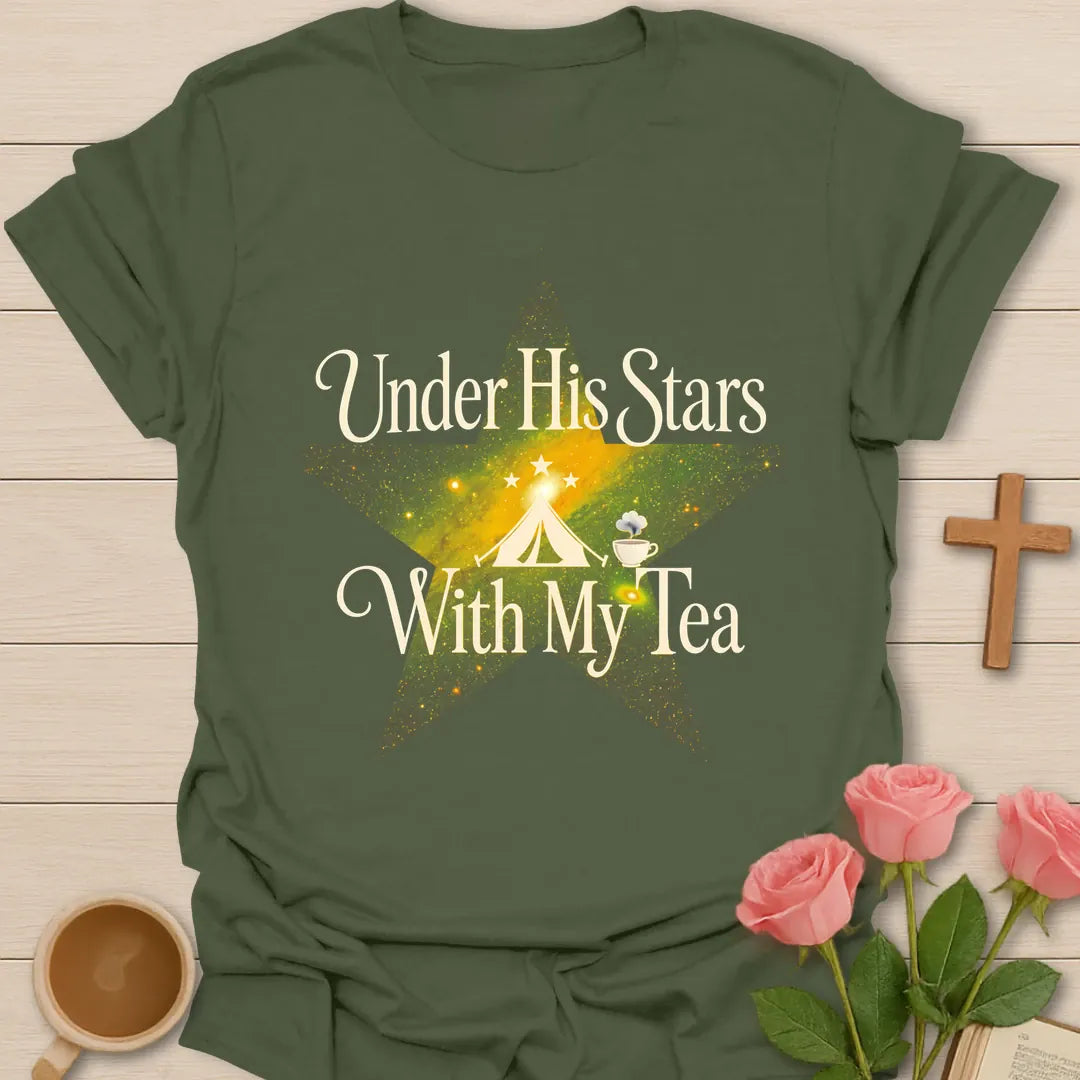 His Stars Camping Christian tea shirt with faith-inspired lettering design - Military Green