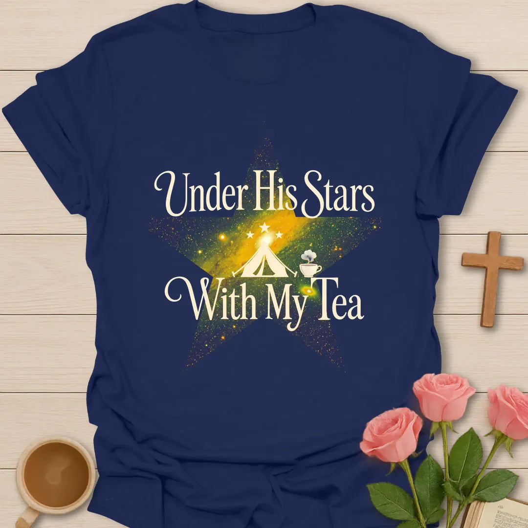 His Stars Camping Christian tea shirt with faith-inspired lettering design - Navy