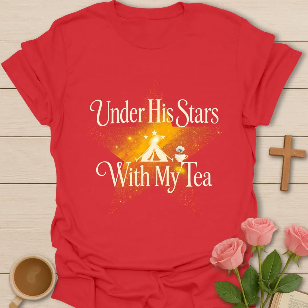 His Stars Camping Christian tea shirt with faith-inspired lettering design - Red