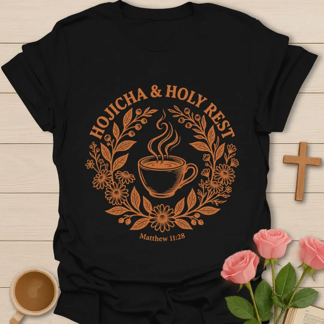 Hojicha and Holy Rest shirt with steaming teacup, floral wreath, botanical details, and Matthew 11:28 text. - Black