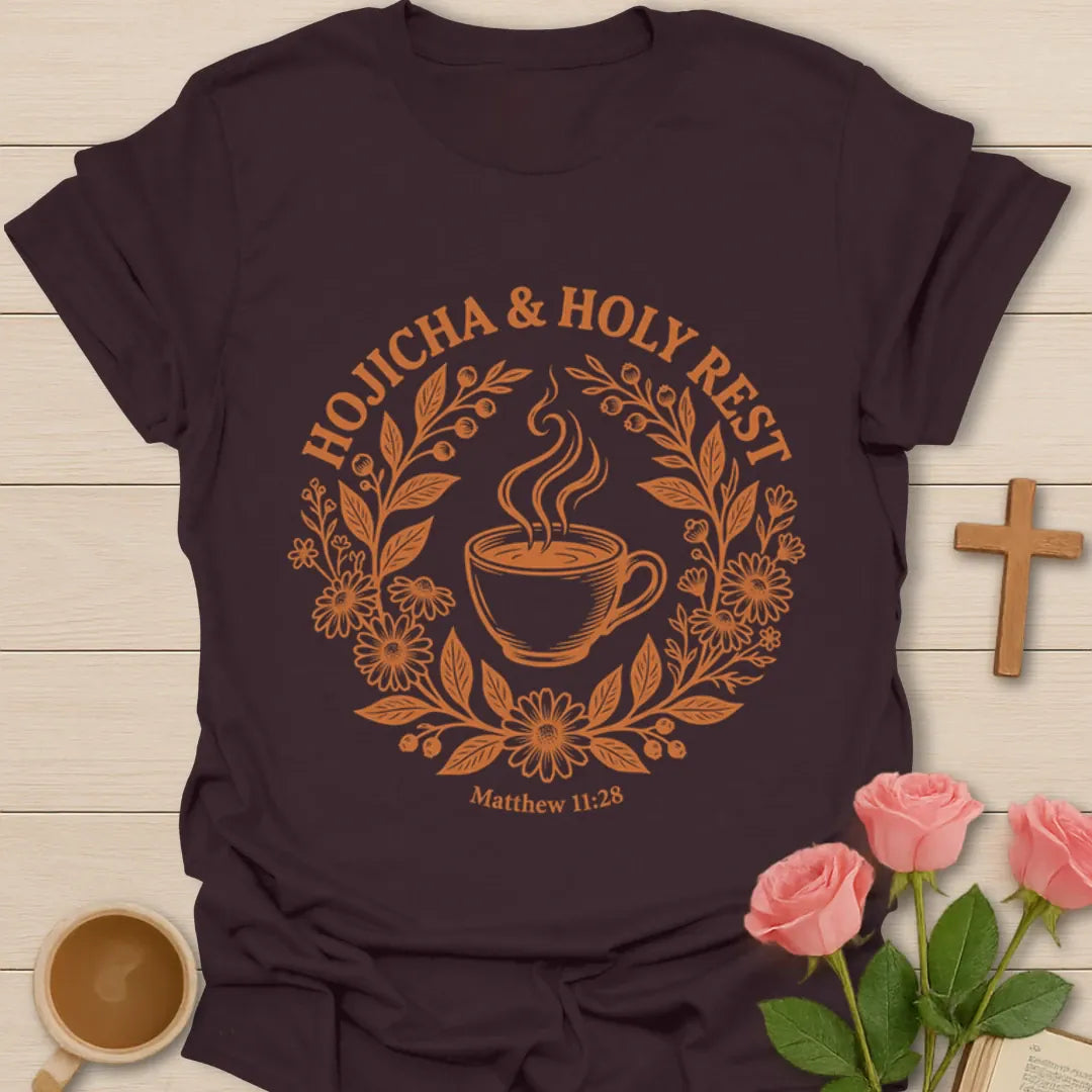 Hojicha and Holy Rest shirt with steaming teacup, floral wreath, botanical details, and Matthew 11:28 text. - Dark Chocolate