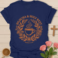 Hojicha and Holy Rest shirt with steaming teacup, floral wreath, botanical details, and Matthew 11:28 text. - Navy