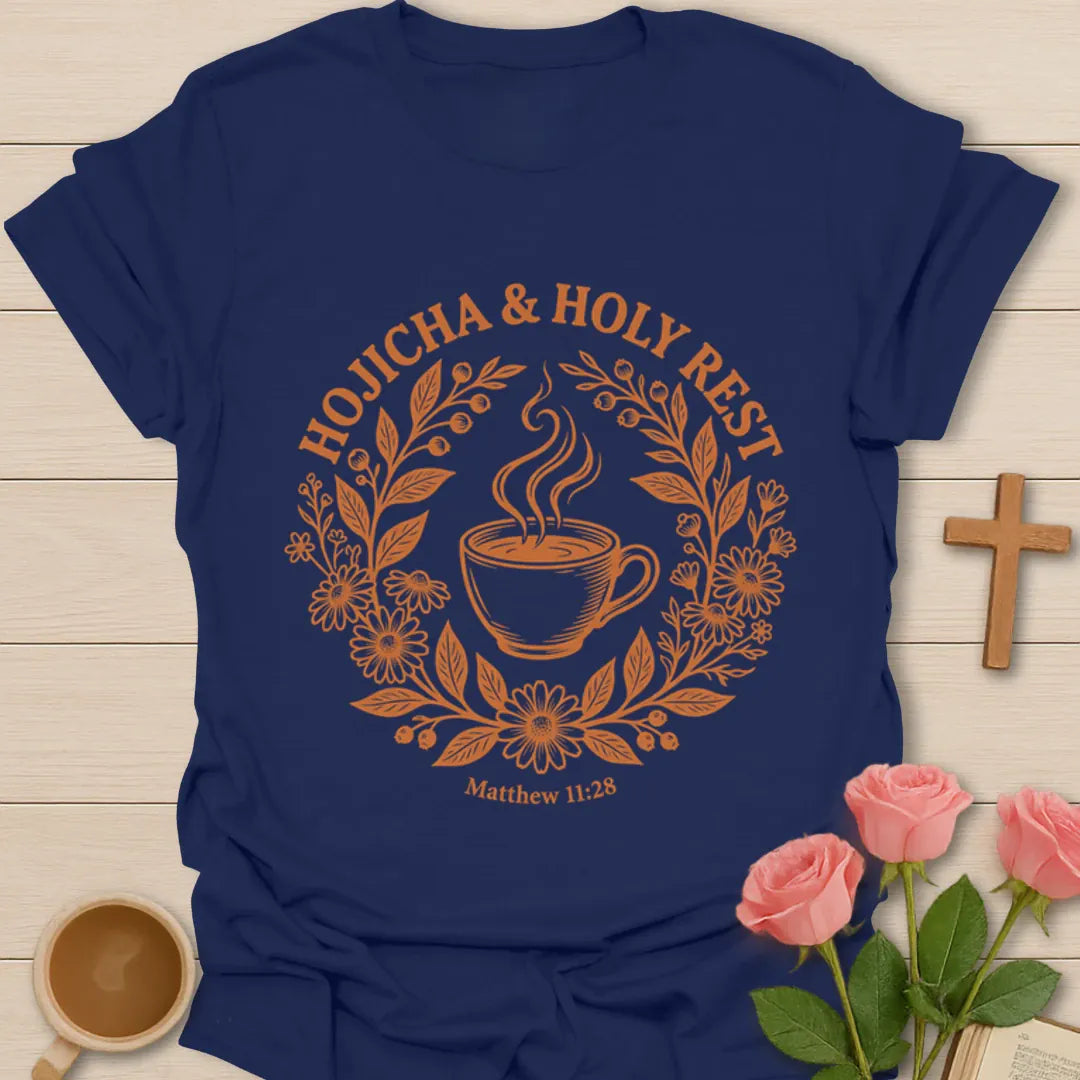 Hojicha and Holy Rest shirt with steaming teacup, floral wreath, botanical details, and Matthew 11:28 text. - Navy