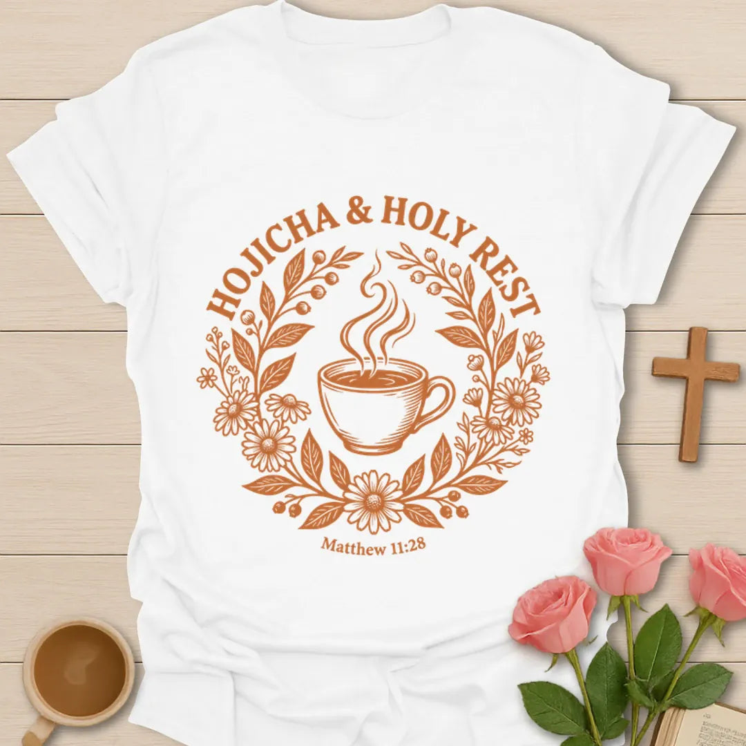 Hojicha and Holy Rest shirt with steaming teacup, floral wreath, botanical details, and Matthew 11:28 text. - White