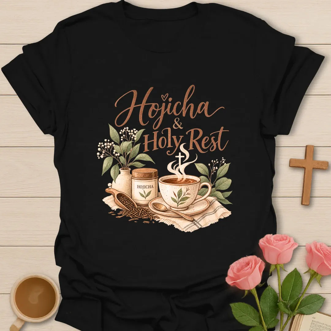 Hojicha & Holy Rest t-shirt with script lettering, a hojicha tea tin, a teacup with cross-shaped steam and a scoop of roasted tea leaves. - Black
