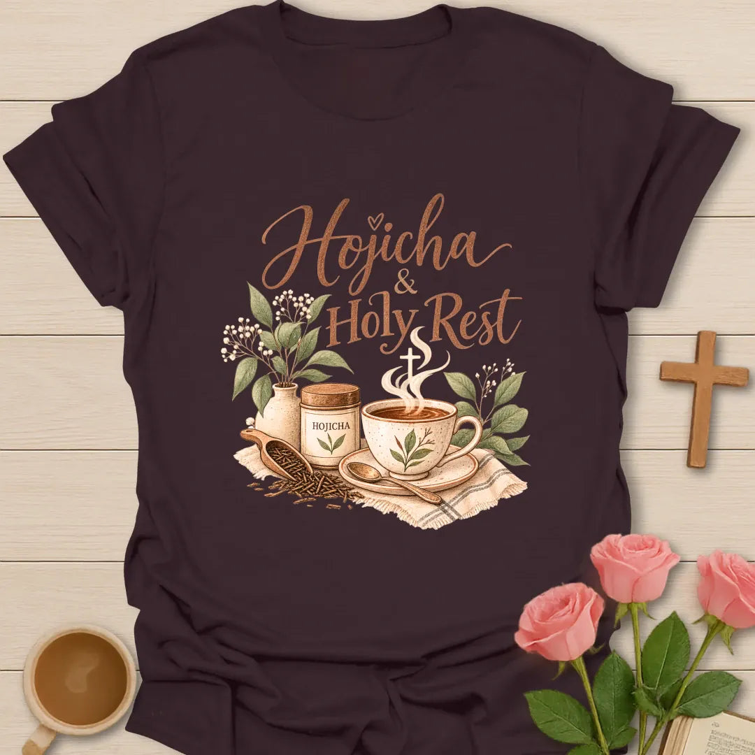 Hojicha & Holy Rest t-shirt with script lettering, a hojicha tea tin, a teacup with cross-shaped steam and a scoop of roasted tea leaves. - Dark Chocolate