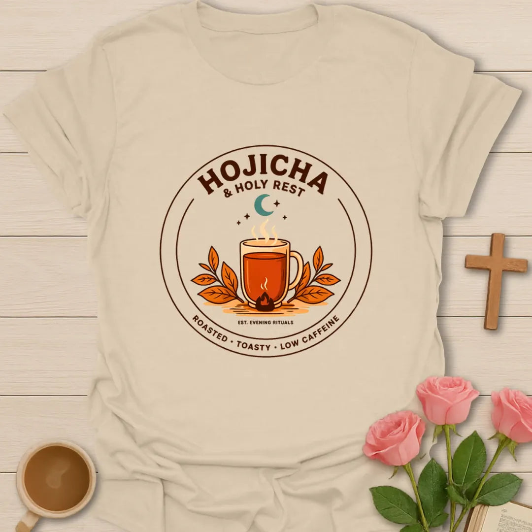 Hojicha and Holy Rest shirt with steaming amber tea, moon, leaves, evening ritual badge, and low caffeine text. - Sand
