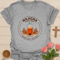 Hojicha and Holy Rest shirt with steaming amber tea, moon, leaves, evening ritual badge, and low caffeine text. - Sport Grey