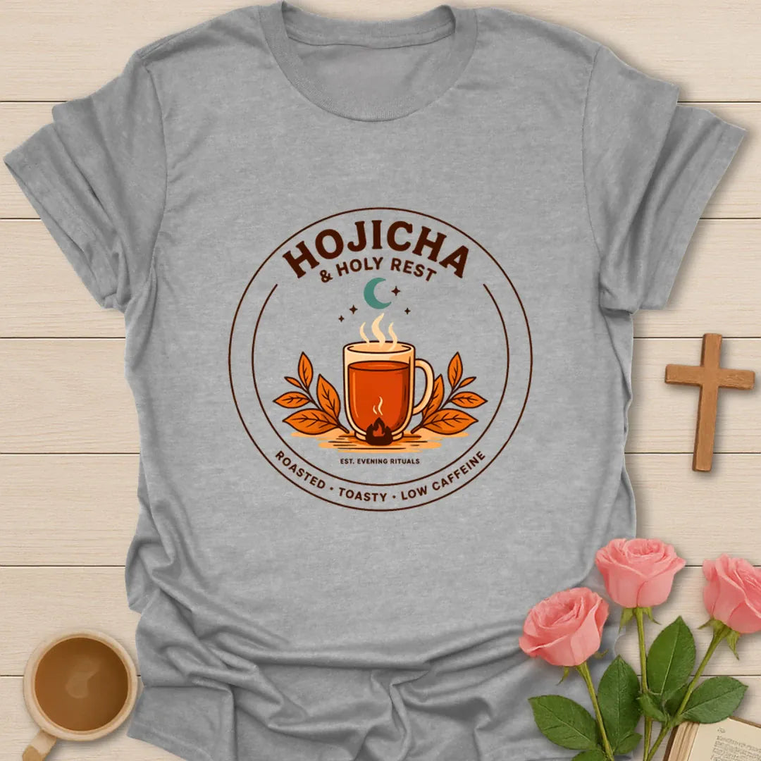 Hojicha and Holy Rest shirt with steaming amber tea, moon, leaves, evening ritual badge, and low caffeine text. - Sport Grey