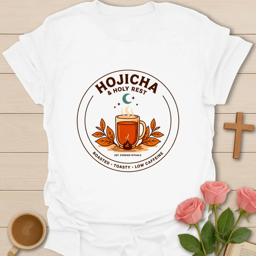 Hojicha and Holy Rest shirt with steaming amber tea, moon, leaves, evening ritual badge, and low caffeine text. - White