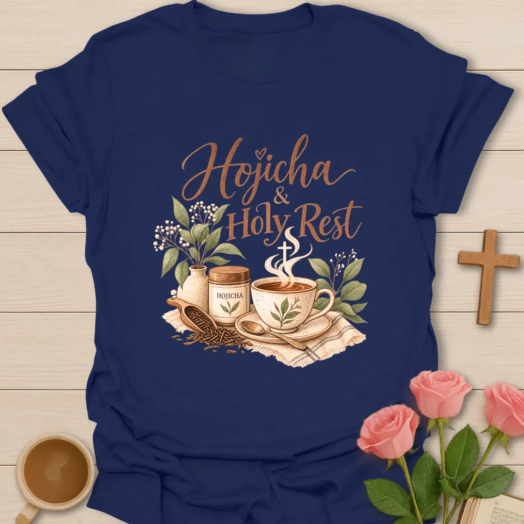 Hojicha & Holy Rest t-shirt with script lettering, a hojicha tea tin, a teacup with cross-shaped steam and a scoop of roasted tea leaves. - Navy