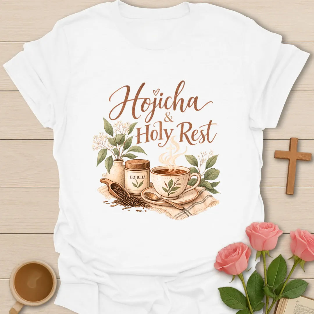 Hojicha & Holy Rest t-shirt with script lettering, a hojicha tea tin, a teacup with cross-shaped steam and a scoop of roasted tea leaves. - White