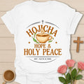 Hojicha Hope and Holy Peace shirt with steaming teacup, cross, leaves, and faith fuel text. - White