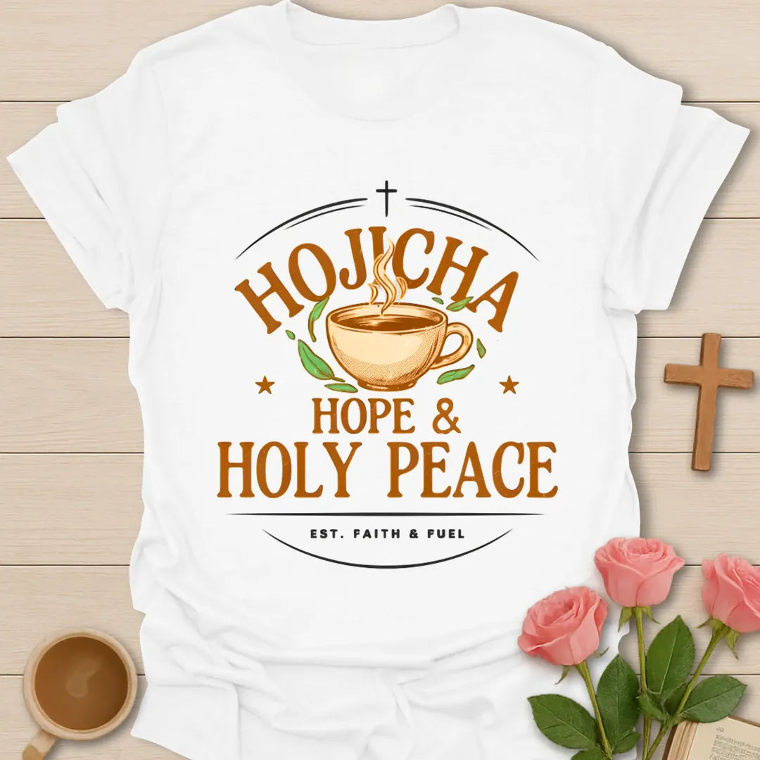 Hojicha Hope and Holy Peace shirt with steaming teacup, cross, leaves, and faith fuel text. - White